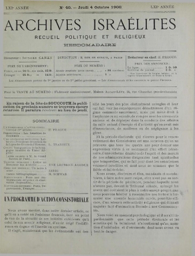 Archives israélites de France. Vol.61 N°40 (04 oct. 1900)